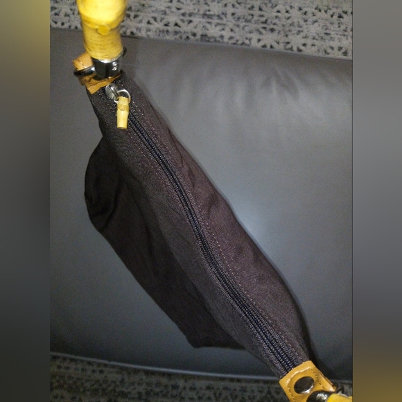 Silky Brown Satchel Purse with Bamboo Top Handle - Picture 4 of 10